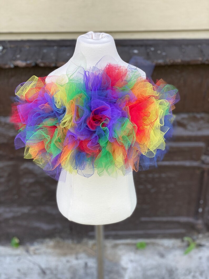 Op de afbeelding: Een regenboog tule top met een gerimpeld ontwerp. De top is gemaakt van zachte, kleurrijke tule en is perfect voor een feestje of speciale gelegenheid.