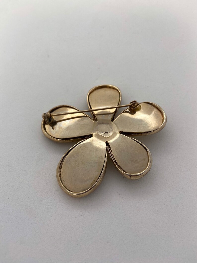 pearlescent enamel and silk Vintage MONET moonglow flower brooch with rhinestones