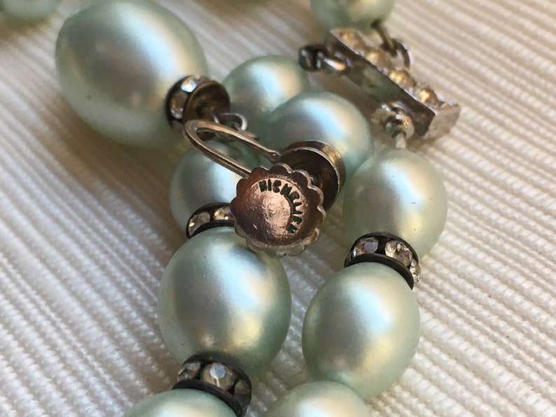 vintage RICHELIEU double stranded graduated pearl necklace and earrings Demi Paurer set Rare in cool sage green.