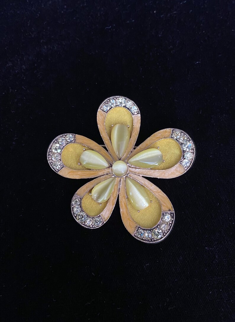 pearlescent enamel and silk Vintage MONET moonglow flower brooch with rhinestones