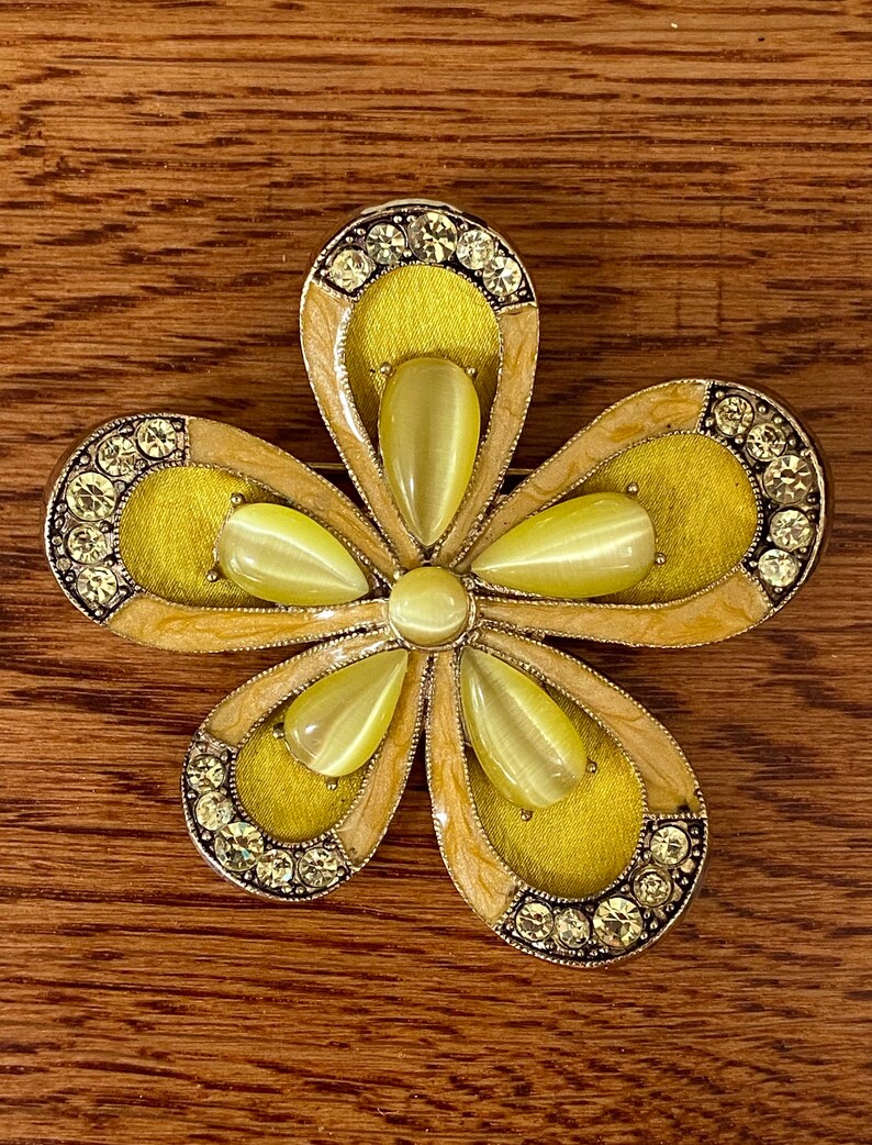pearlescent enamel and silk Vintage MONET moonglow flower brooch with rhinestones