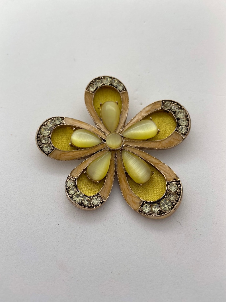 pearlescent enamel and silk Vintage MONET moonglow flower brooch with rhinestones
