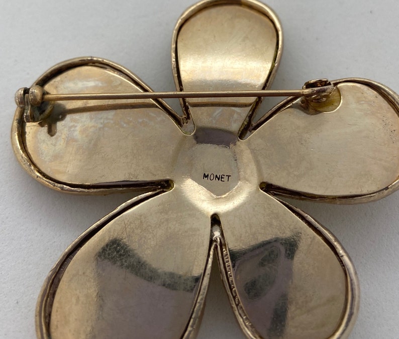 pearlescent enamel and silk Vintage MONET moonglow flower brooch with rhinestones