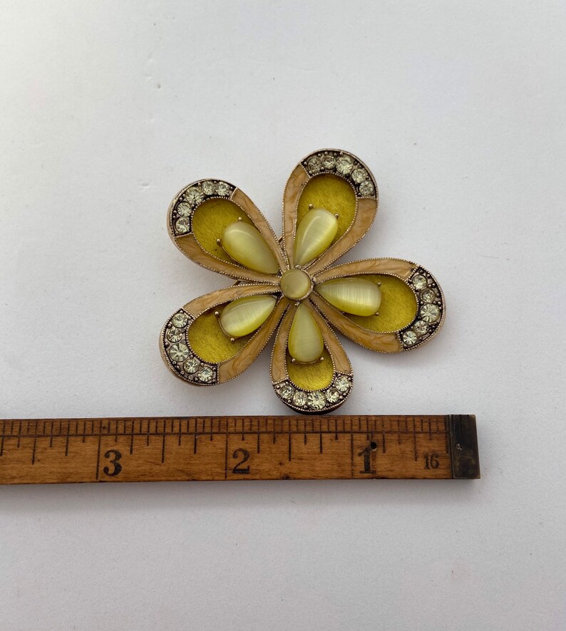pearlescent enamel and silk Vintage MONET moonglow flower brooch with rhinestones