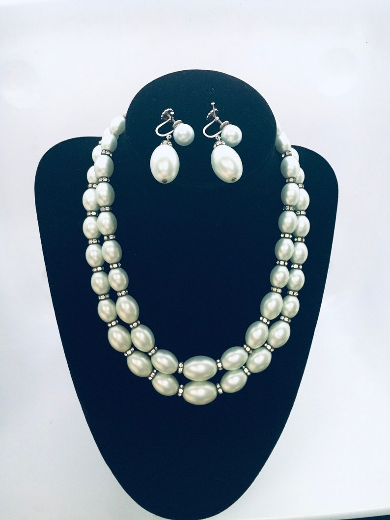vintage RICHELIEU double stranded graduated pearl necklace and earrings Demi Paurer set Rare in cool sage green.