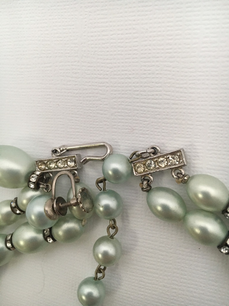 vintage RICHELIEU double stranded graduated pearl necklace and earrings Demi Paurer set Rare in cool sage green.