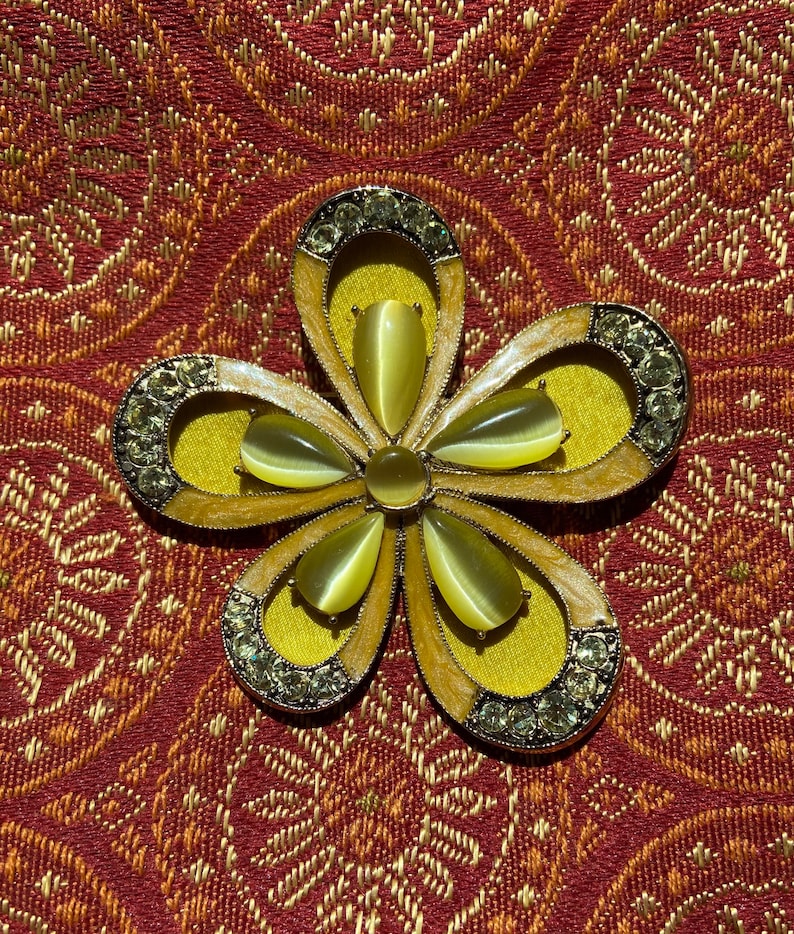 pearlescent enamel and silk Vintage MONET moonglow flower brooch with rhinestones