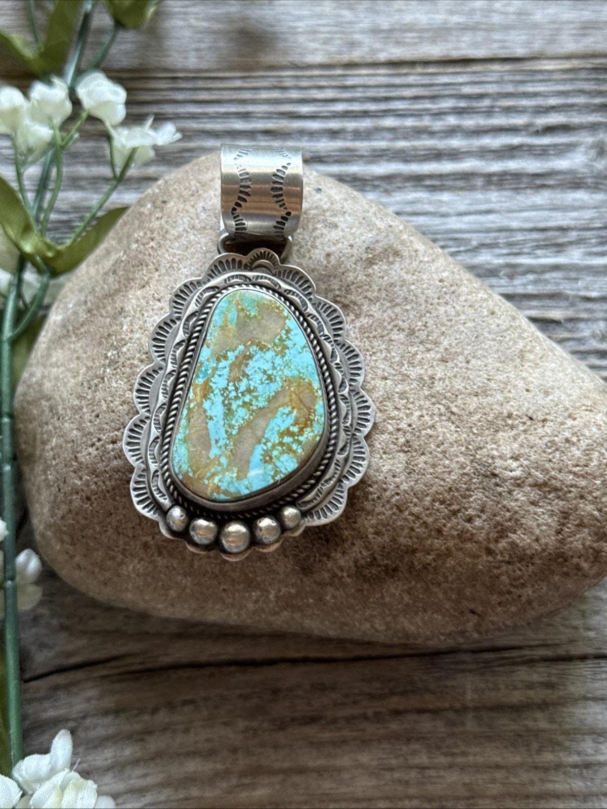 Navajo Sterling Silver Blue Royston Turquoise Pendant. E Etta