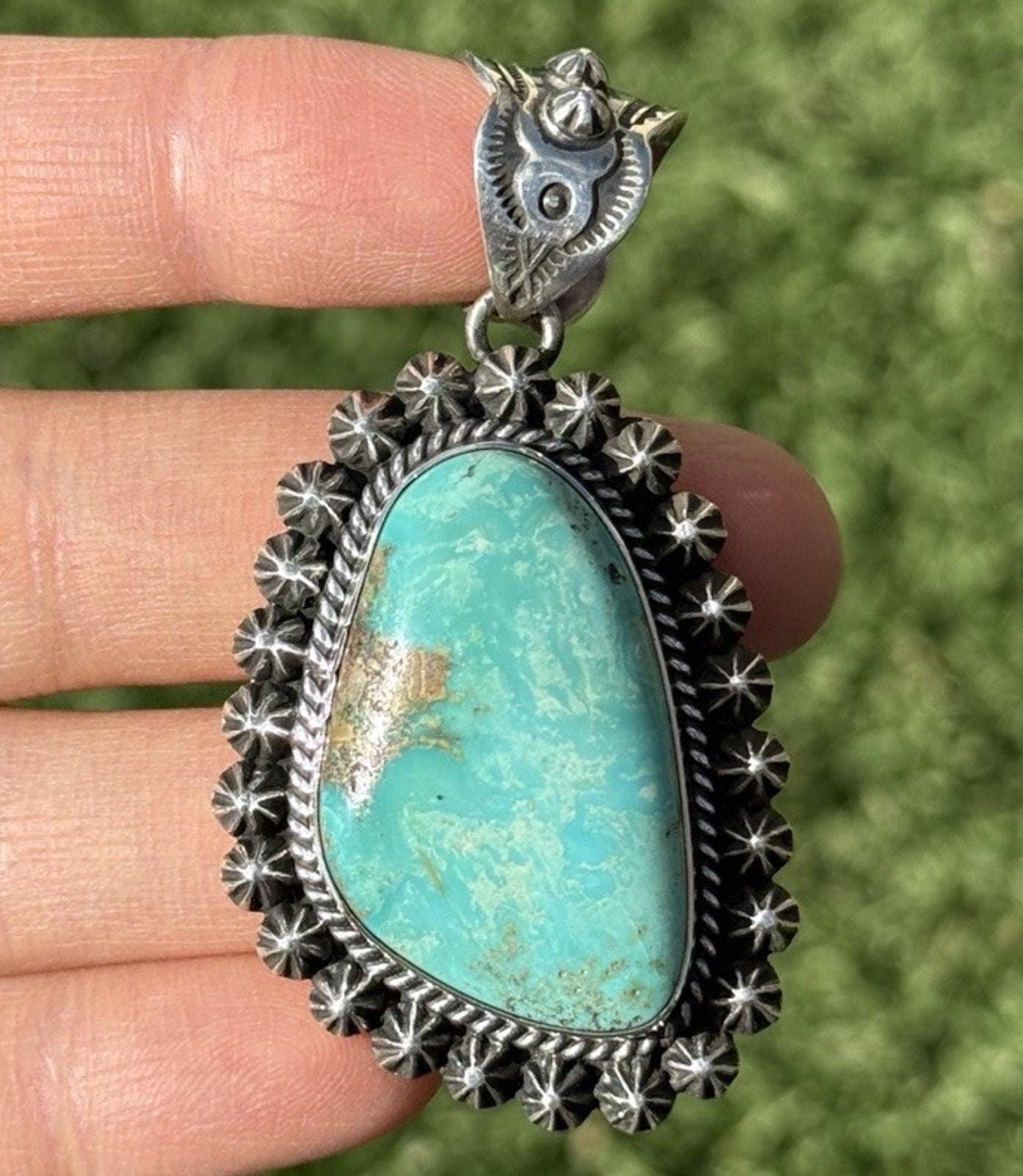 Navajo Native American Sterling Silver Turquoise Pendant H Happy