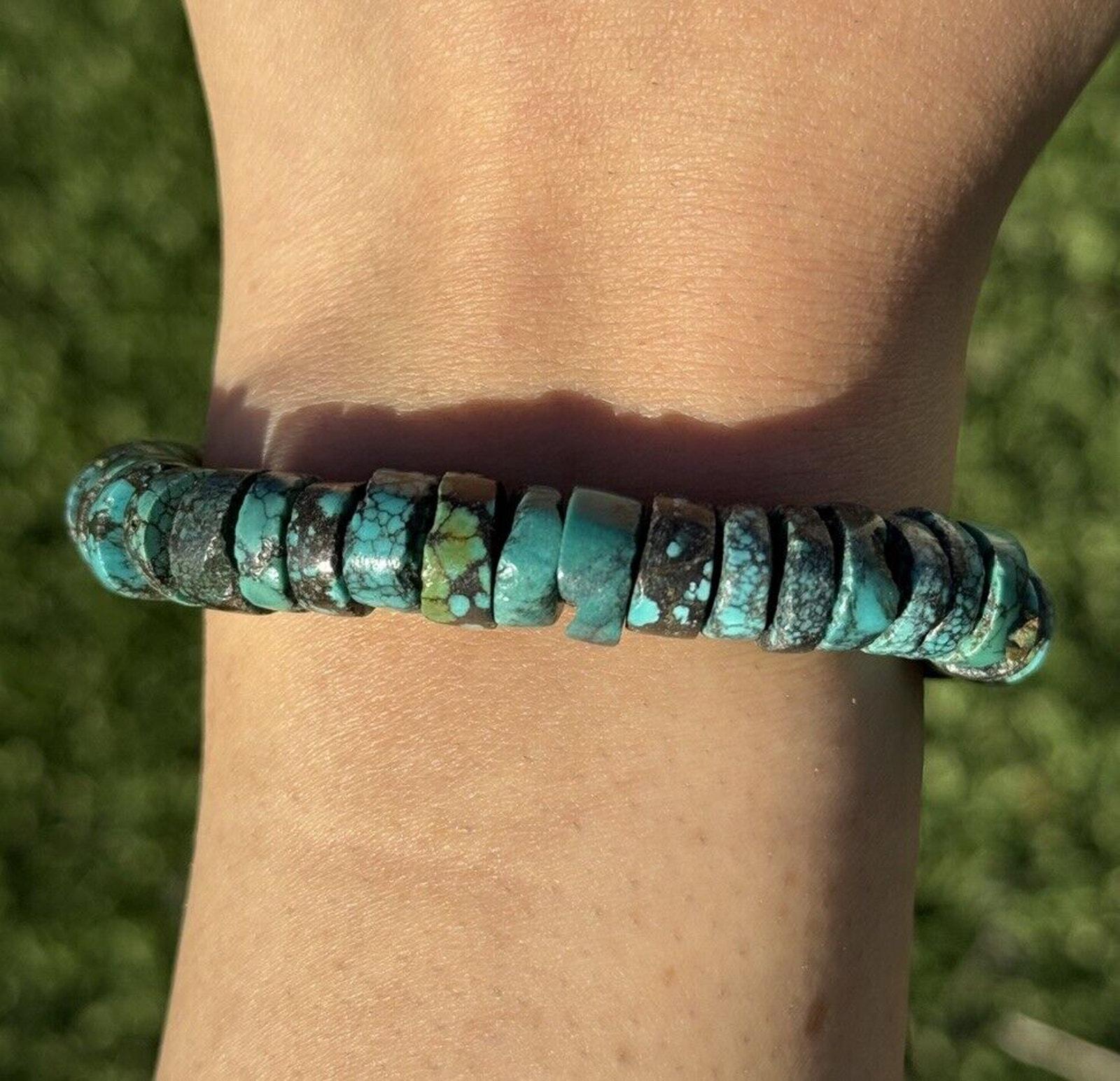 HETICA Bracciale Elasticizzato Donna Con Perline Turchesi Naturale - Formato Rotondo E Irregolare - Gioiello Bohémien