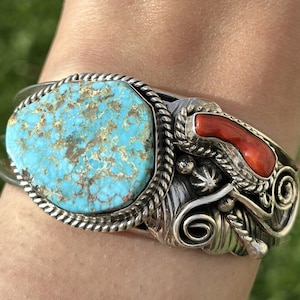 Navajo Sterling Silver Turquoise Coral Cuff Bracelet. Signed