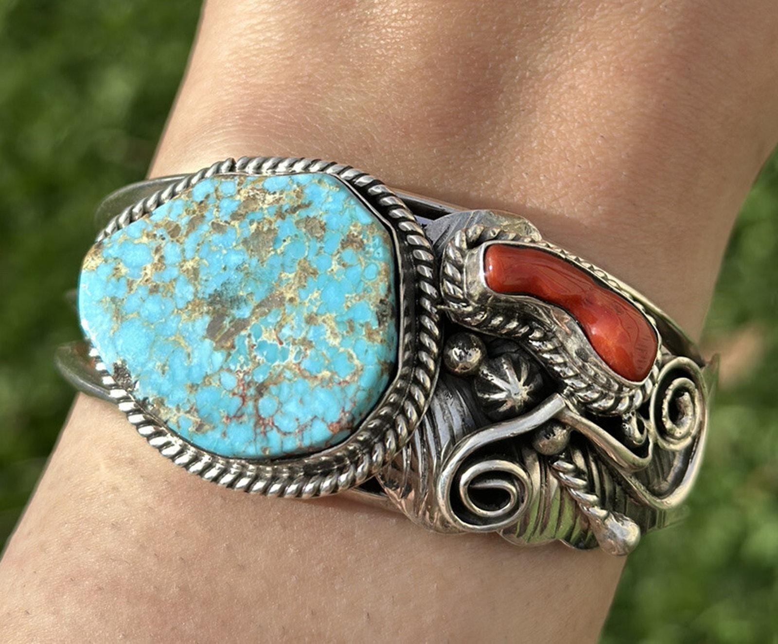 Navajo Sterling Silver Turquoise Coral Cuff Bracelet. Signed - Etsy