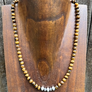 Southwestern 925 Sterling Silver Tigers Eye Pearls Bead Necklace 18 inch
