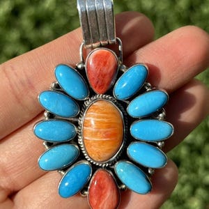 Navajo Sterling Silver Multi Stone Turquoise Spiny Oyster Pendant Davita Lister