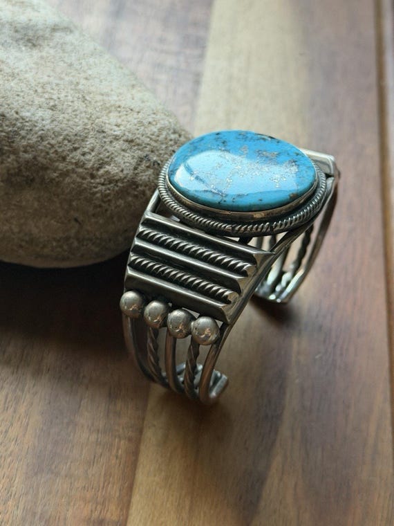 Navajo Native American Sterling Silver Blue Turquoise Cuff
