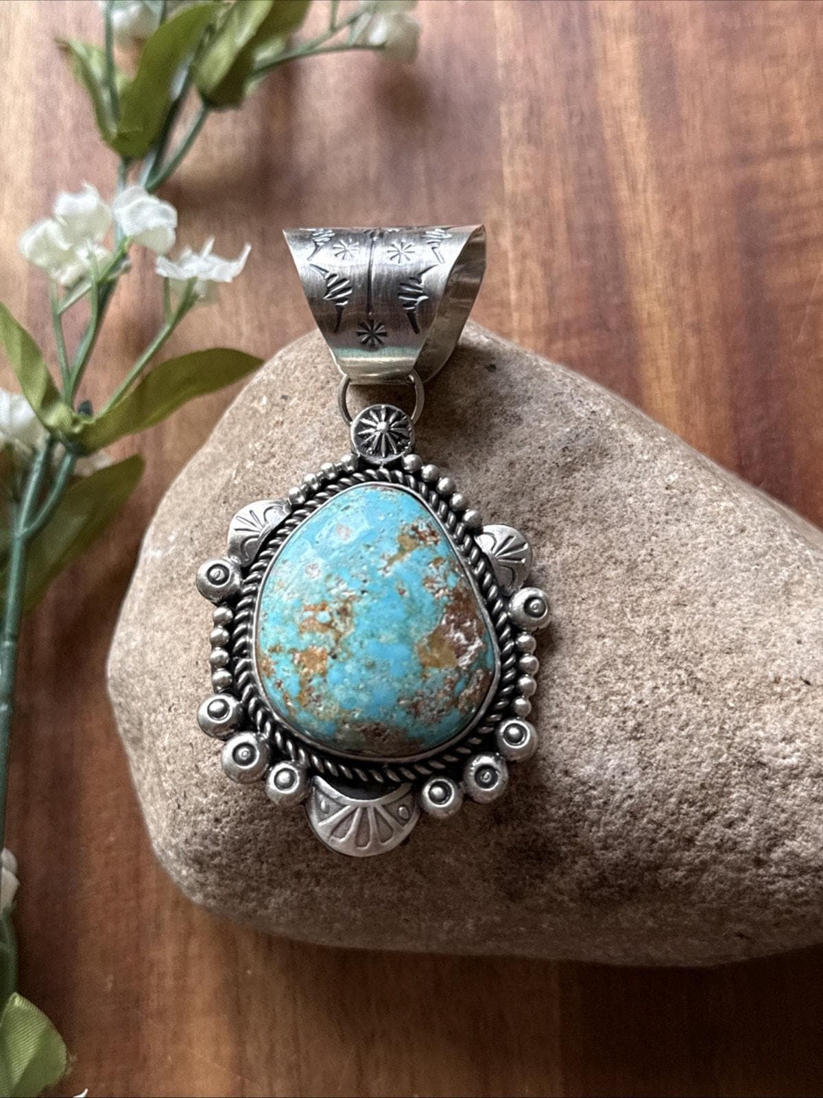 Navajo Sterling Silver Blue Royston Turquoise Pendant. K Yazzie