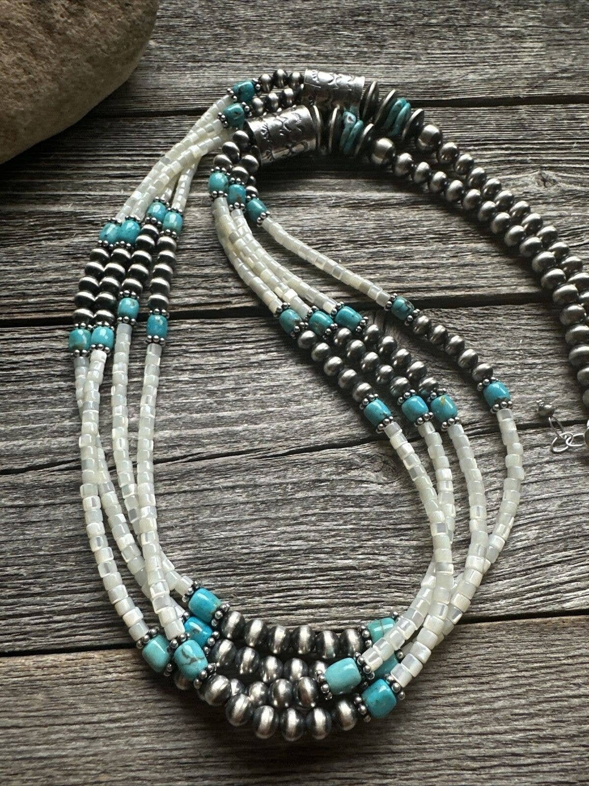 Sterling Silver Multi Strand Mother of Pearl Turquoise Bead Necklace ...