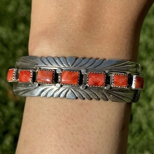Mens Navajo Sterling Silver Red Spiny Oyster Cuff Bracelet S