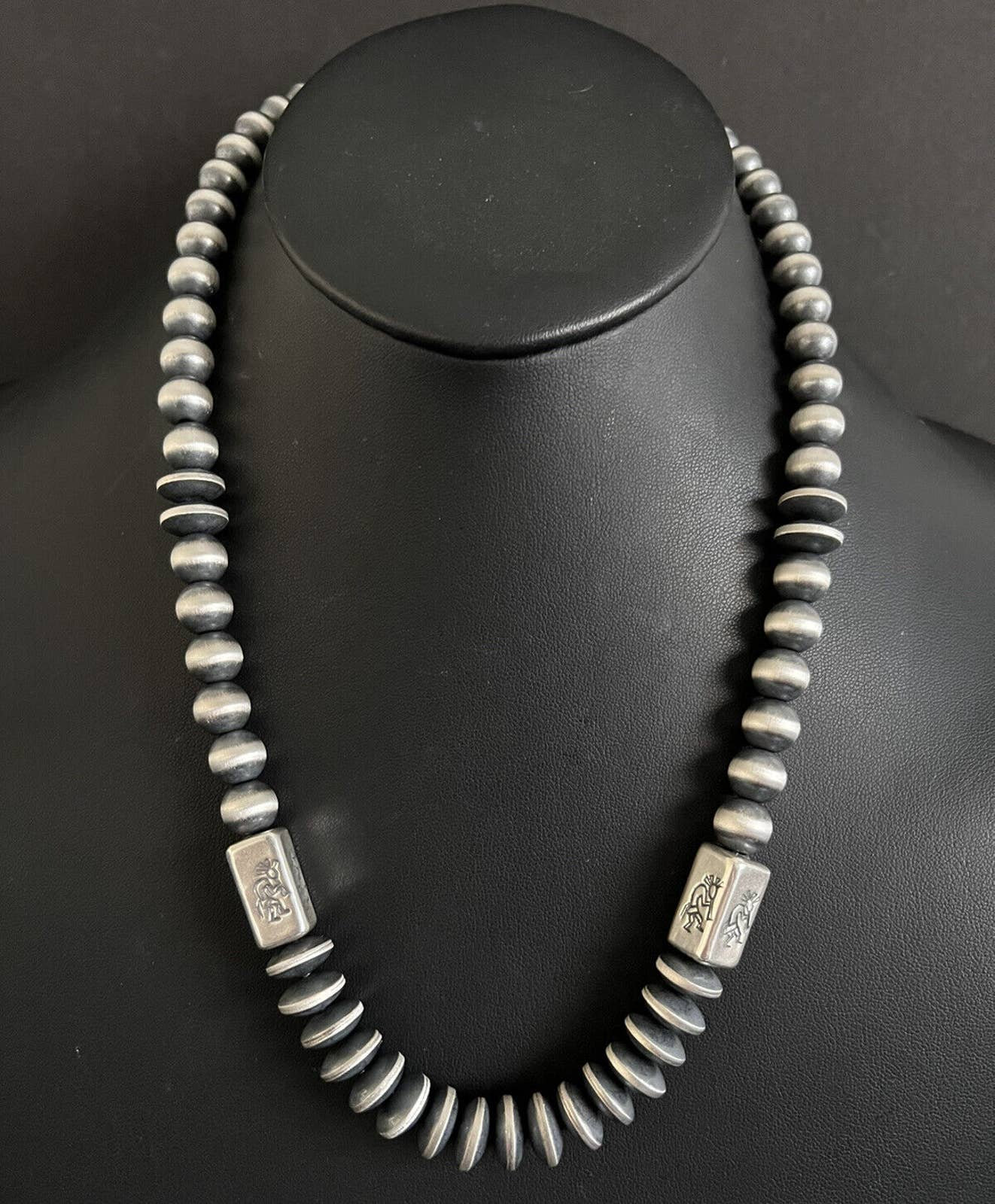 Sterling Silver 22 Inch Pearls W Kokopelli Barrel Bead Necklace.