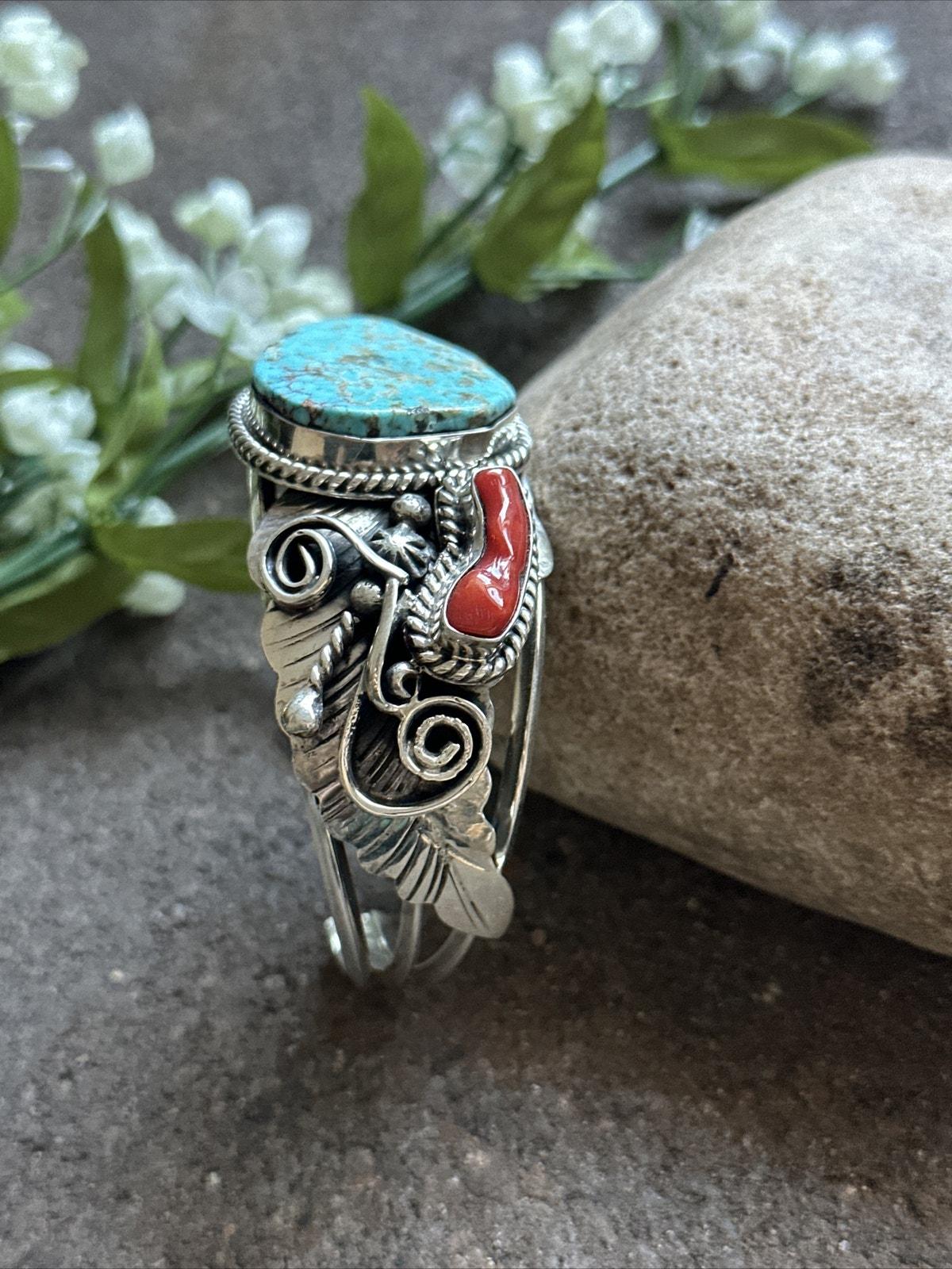 Navajo Sterling Silver Turquoise Coral Cuff Bracelet. Signed - Etsy