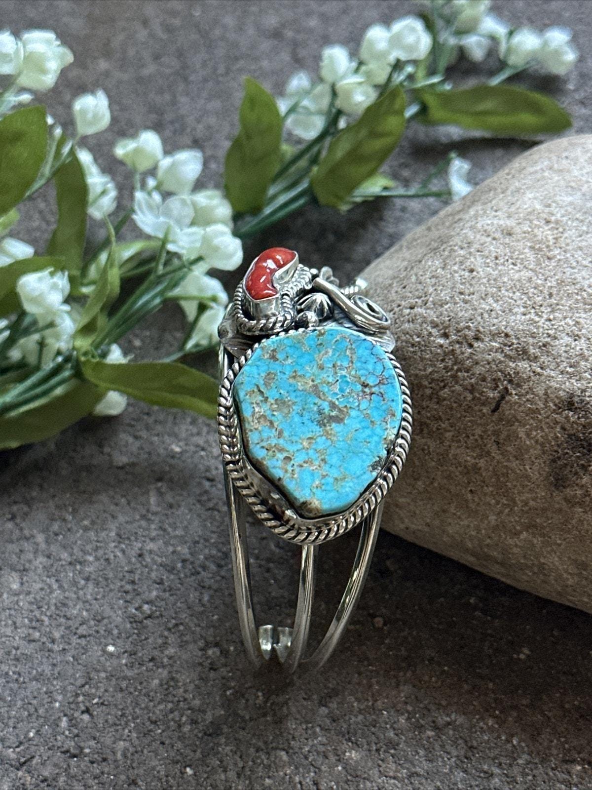 Navajo Sterling Silver Turquoise Coral Cuff Bracelet. Signed - Etsy