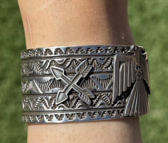 Tsosie White TO Sterling Silver Thunderbird Cuff Bracelet Navajo
