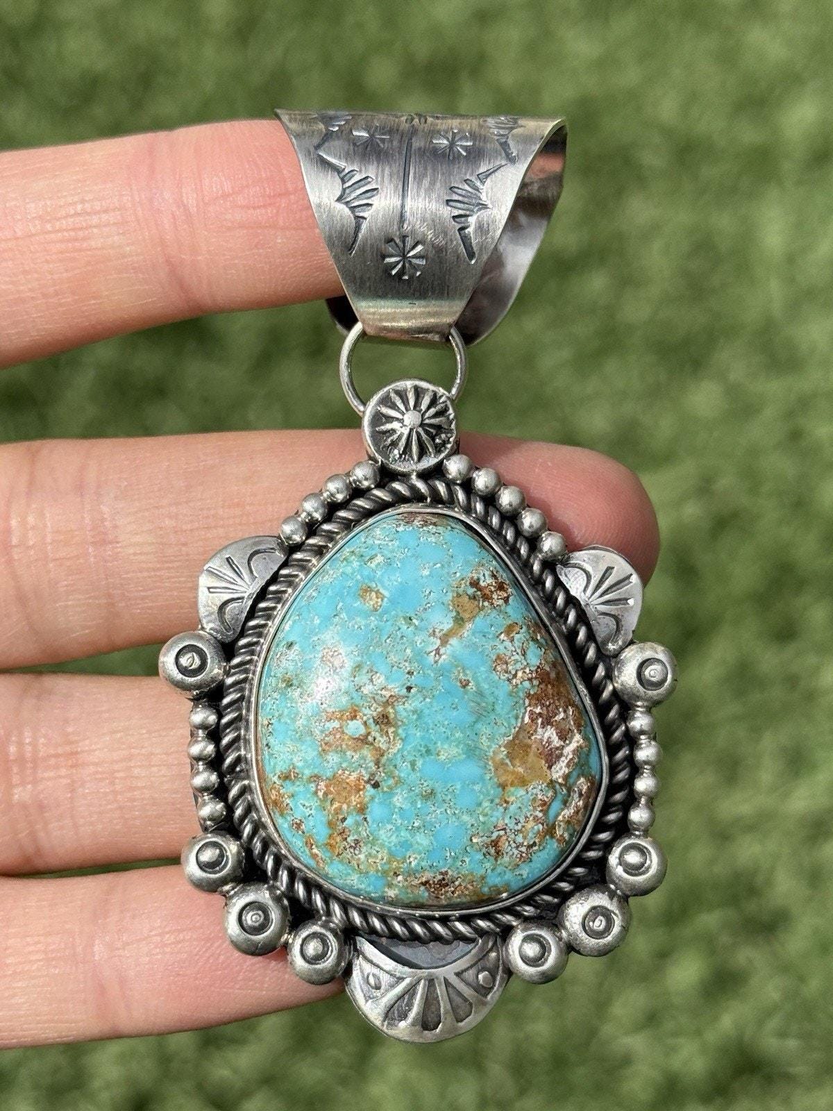 Navajo Sterling Silver Blue Royston Turquoise Pendant. K Yazzie