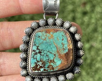 Colgante Navajo de plata de ley con turquesa verde Royston. E. Etta Endito. Regalo.