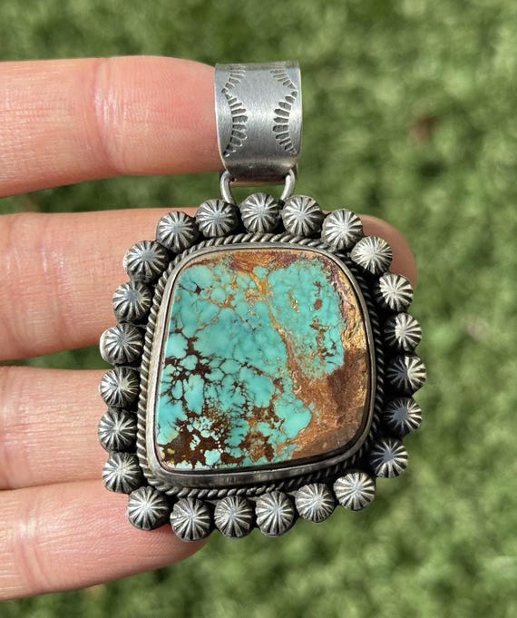 Navajo Sterling Silver Green Royston Turquoise Pendant. E Etta