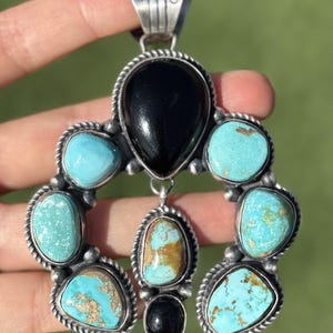 Navajo Sterling Silver Black Onyx Blue Turquoise Naja Pendant KY Gift