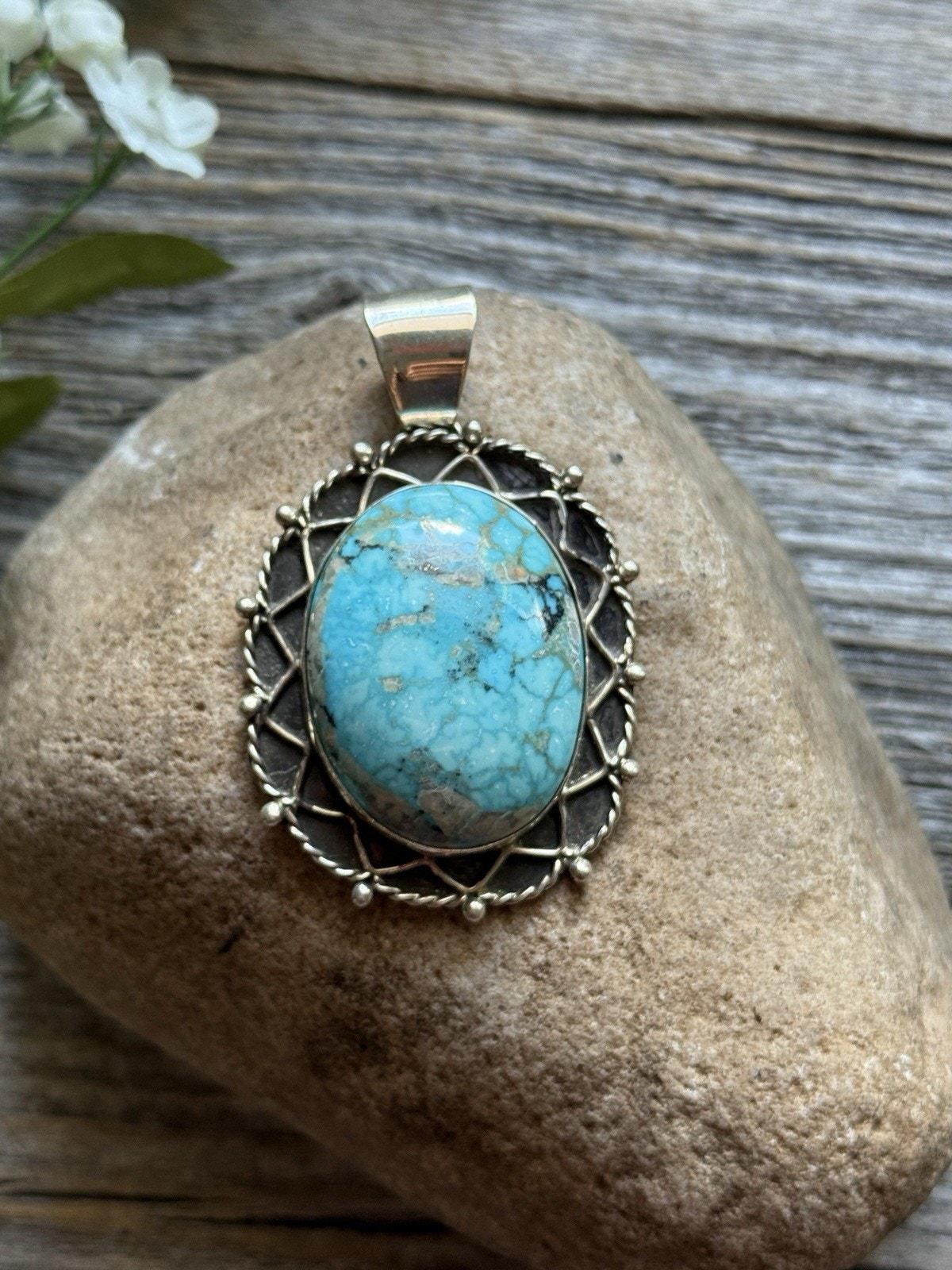 Navajo Native American Sterling Silver Turquoise Pendant GS Gift
