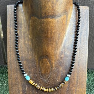 Sterling Silver Black Onyx Tigers Eye Turquoise Bead Necklace. 18 Inch Gift