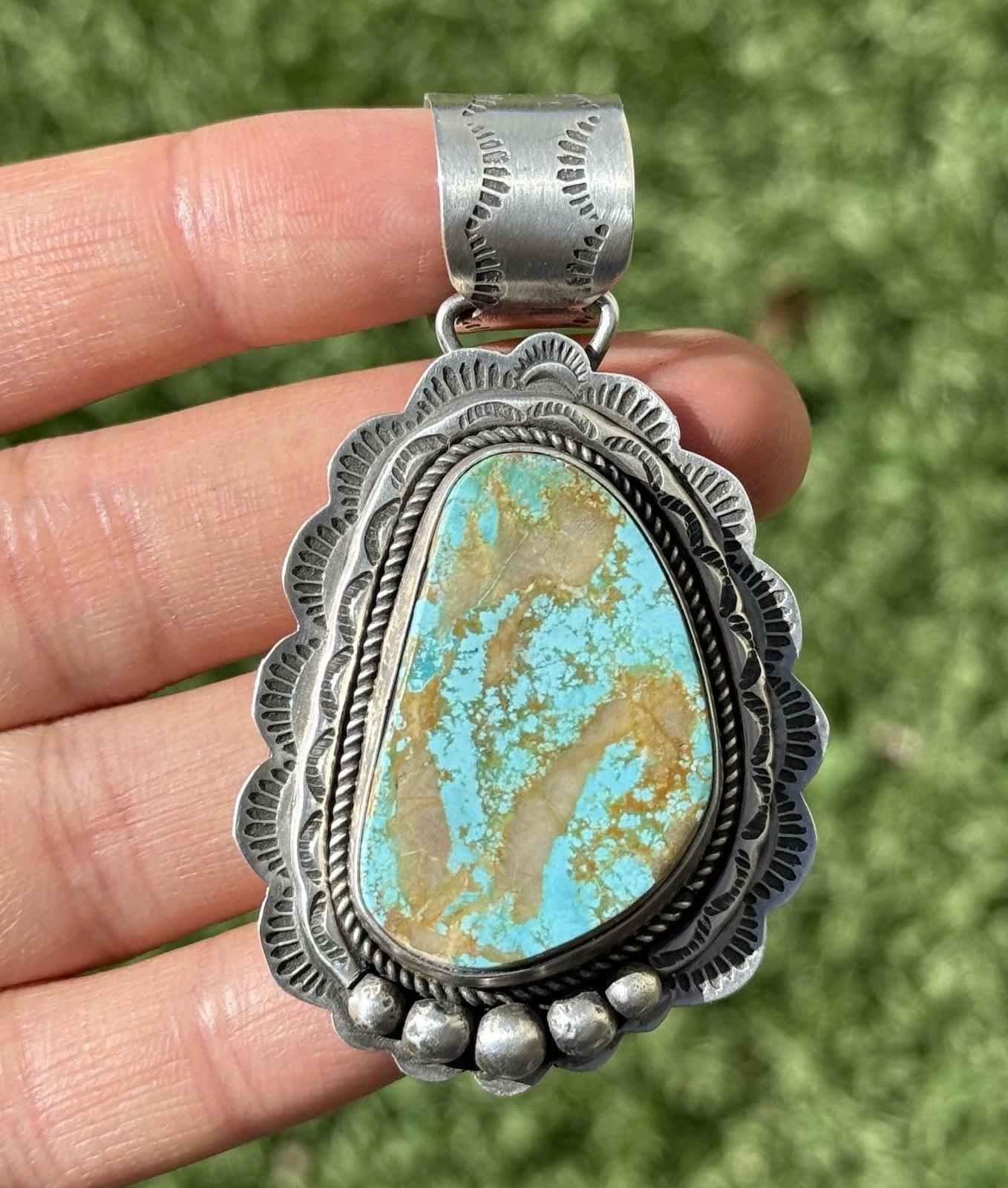 Navajo Sterling Silver Blue Royston Turquoise Pendant. E Etta