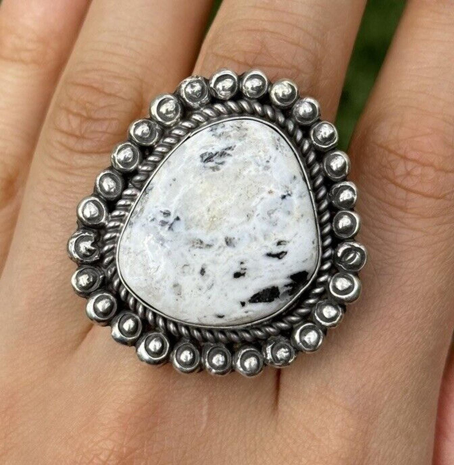 Navajo Sterling Silver White Buffalo Turquoise Adjustable Ring C