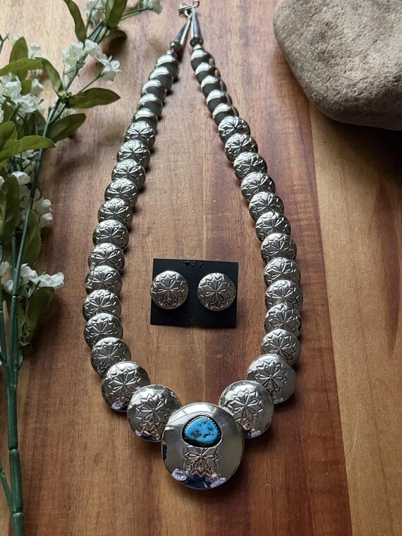 Navajo Sterling Silver Turquoise Stamped Pillow Beads Bead
