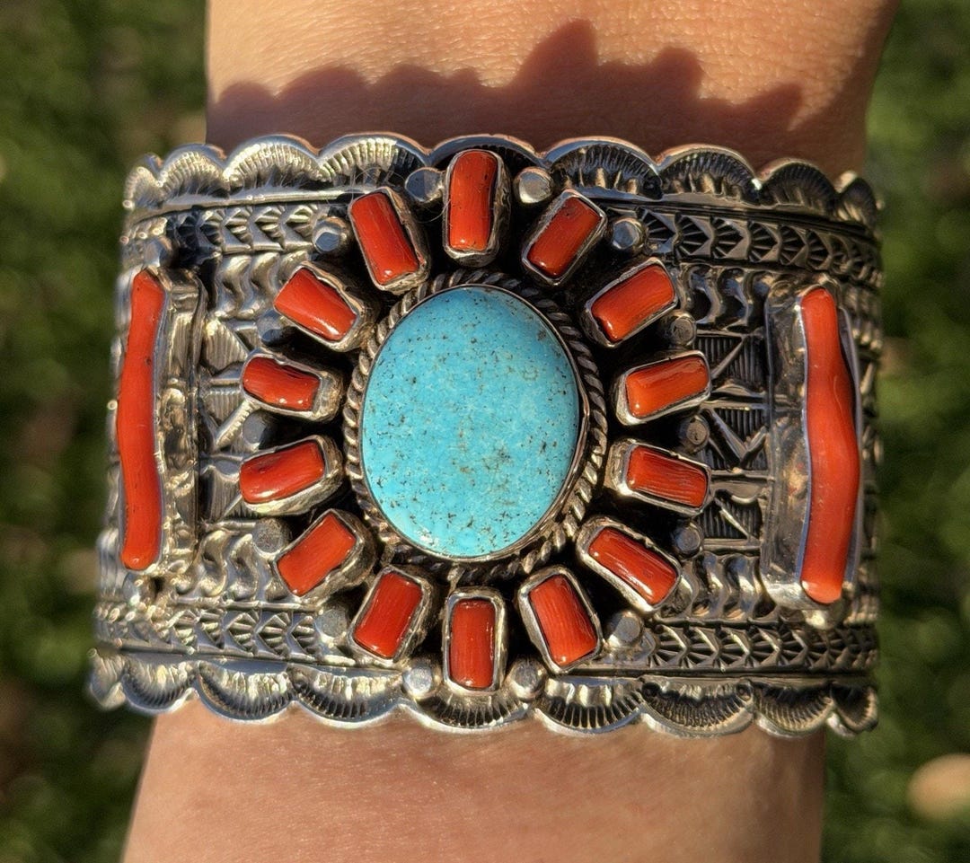 Navajo Native Sterling Silver Red Coral Turquoise Cluster Cuff Bracelet ...