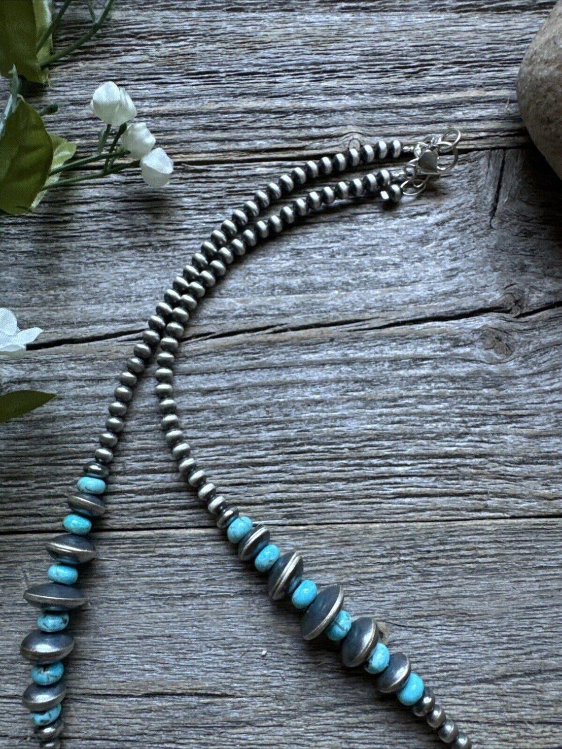 Sterling Silver Pearl & Long Blue Turquoise Necklace – 21”