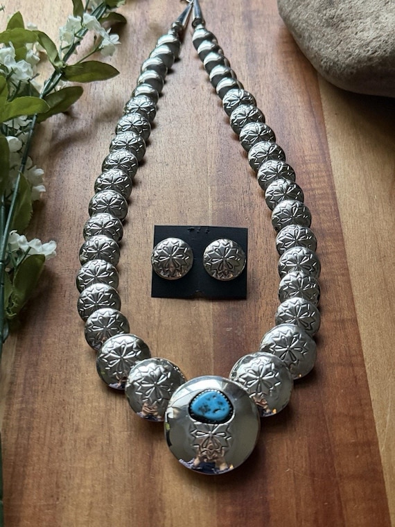Navajo Sterling Silver Turquoise Stamped Pillow Beads Bead