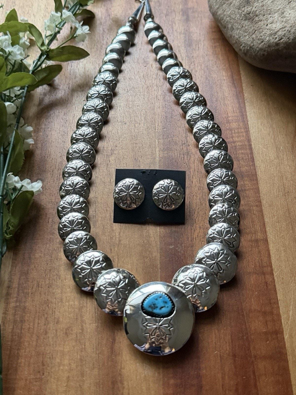 Navajo Sterling Silver Turquoise Stamped Pillow Beads Bead