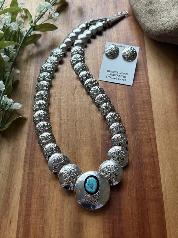Navajo Sterling Silver Turquoise Stamped Pillow Beads Bead