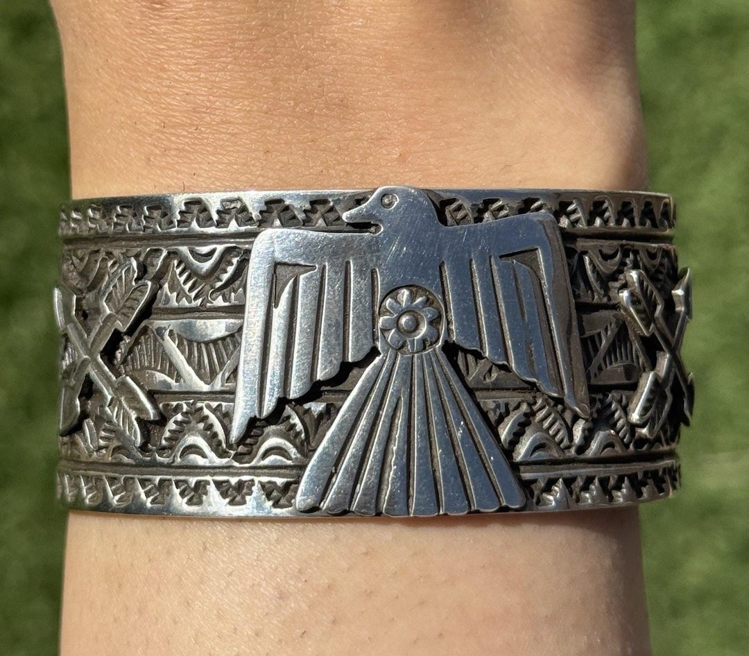 Tsosie White TO Sterling Silver Thunderbird Cuff Bracelet Navajo