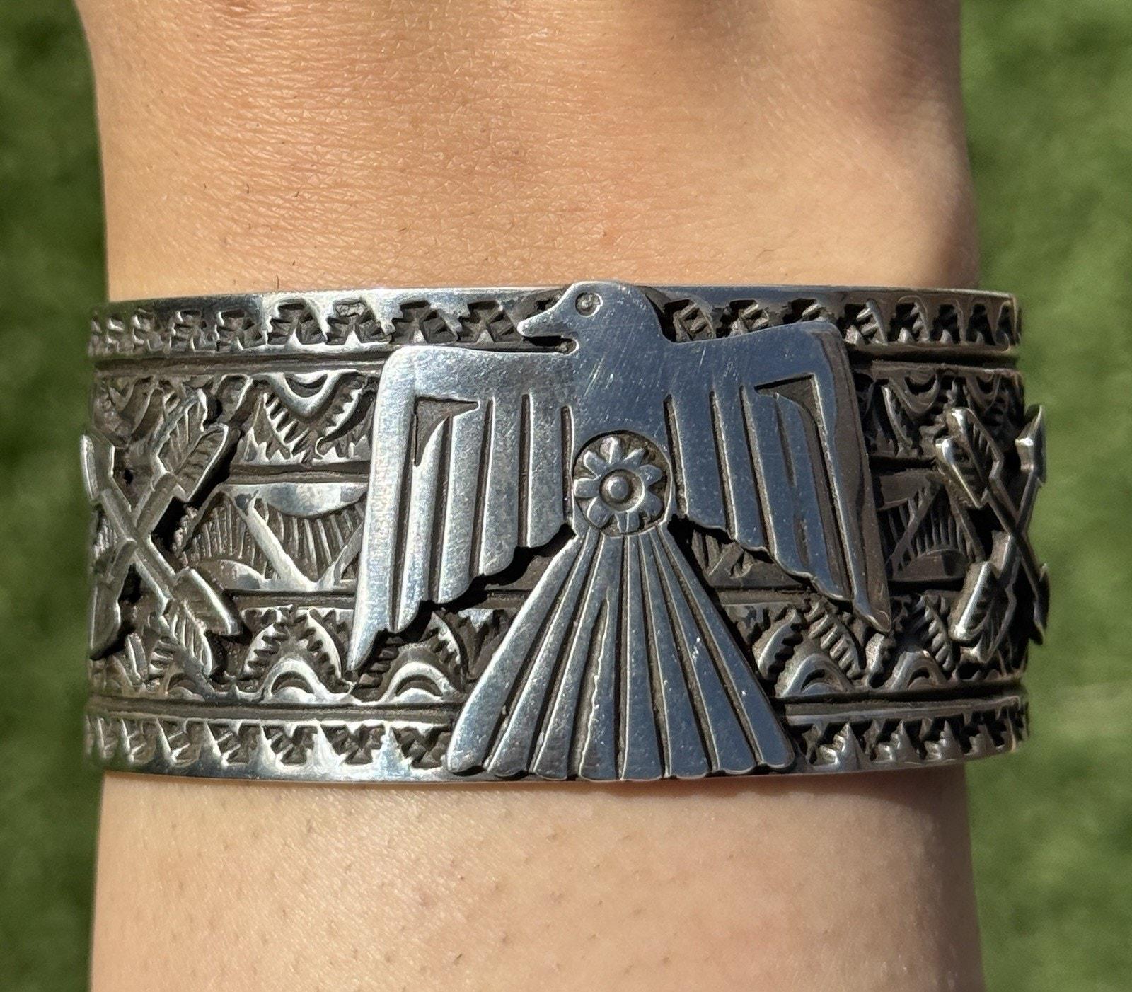 Tsosie White TO Sterling Silver Thunderbird Cuff Bracelet Navajo