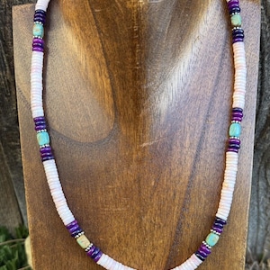 Southwestern Sterling Silver Pink Conch Multi Stone Bead Necklace. 18 Inch