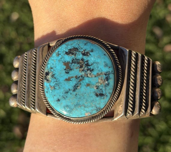 Navajo Native American Sterling Silver Blue Turquoise Cuff