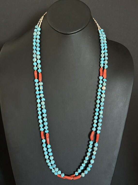 Rare Longer 34 Inch Native American Navajo Turquoise Sterling Silver Bead Necklace Rare Longer 34 Inch Native American Navajo Turquoise Sterling Silver Bead Necklace
