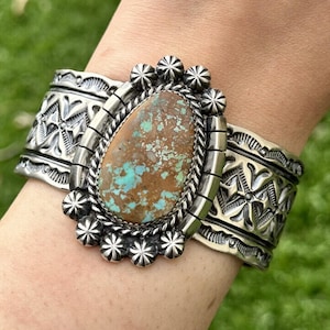 Bracelet manchette navajo Royston turquoise en argent sterling. EBC