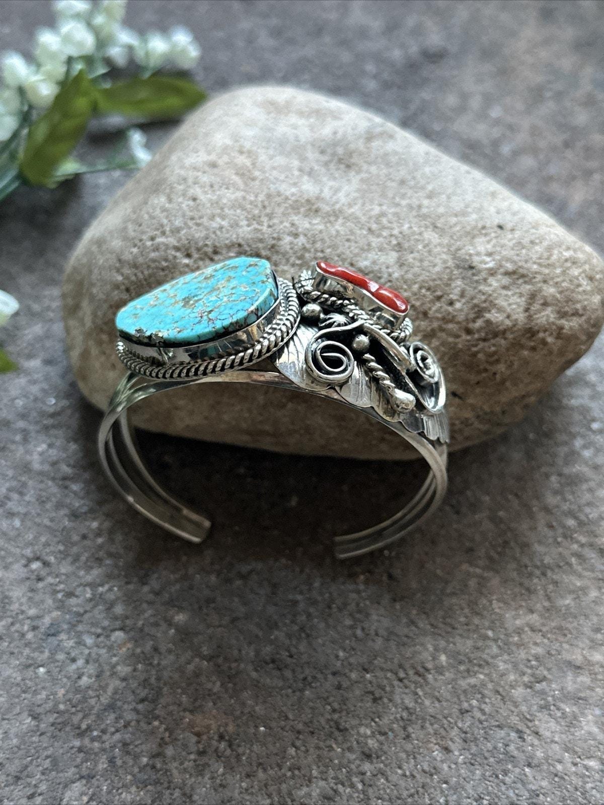 Navajo Sterling Silver Turquoise Coral Cuff Bracelet. Signed - Etsy