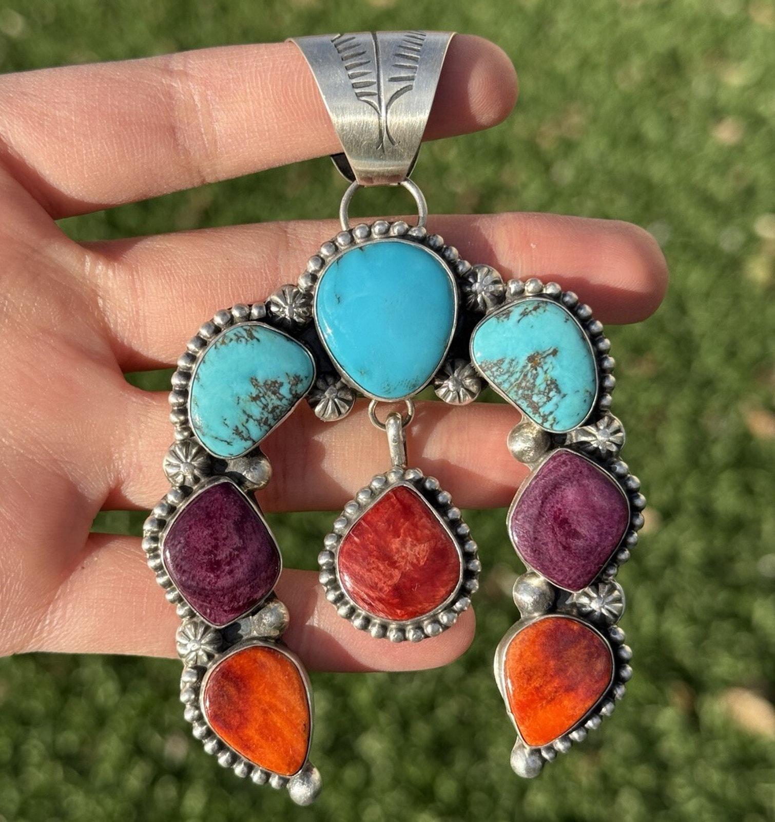 Navajo Sterling Silver Multi Stone Turquoise Spiny Oyster Pendant