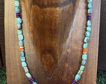 Sterling Silver Blue Green Turquoise Multi Stone Bead Necklace. 18 inch