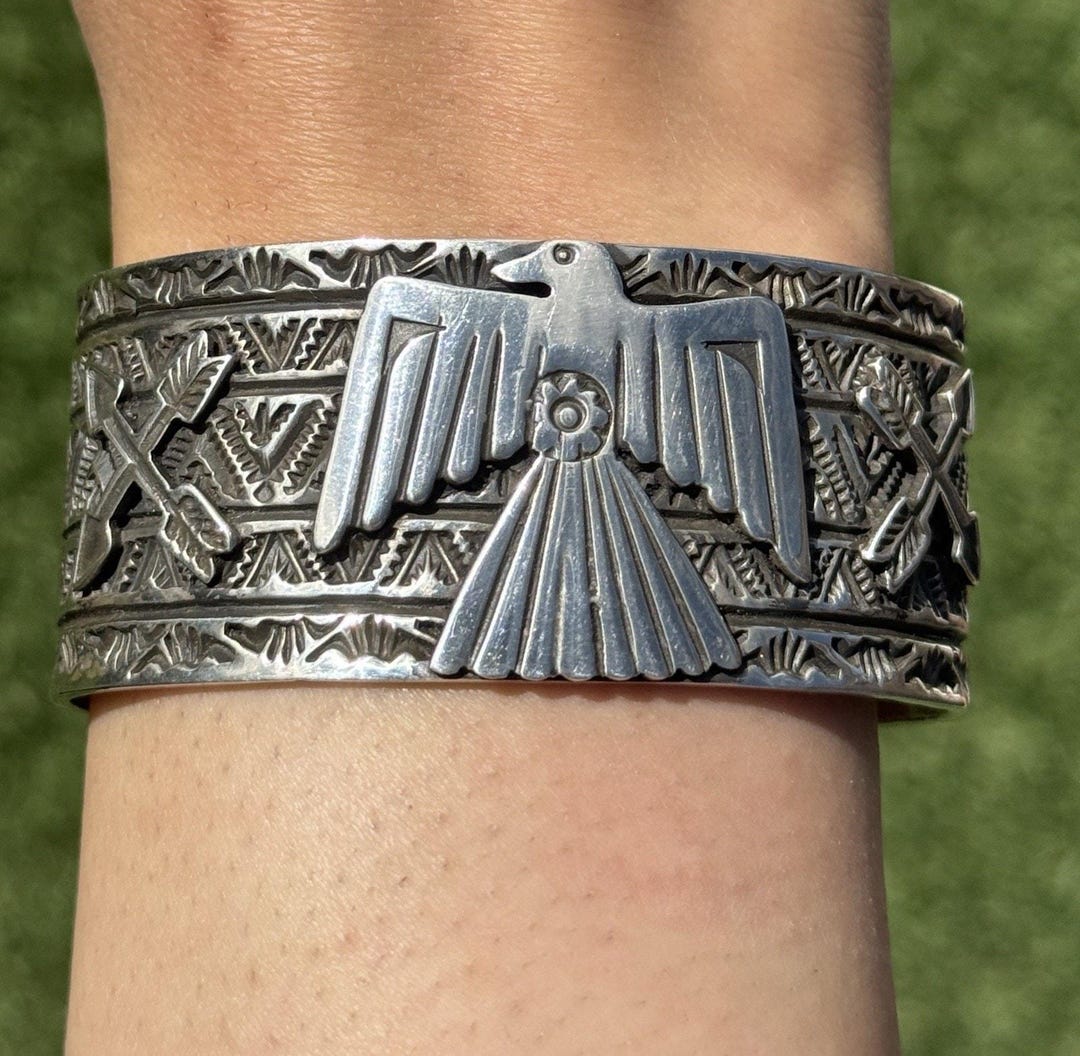 Tsosie White TO Sterling Silver Thunderbird Cuff Bracelet Navajo